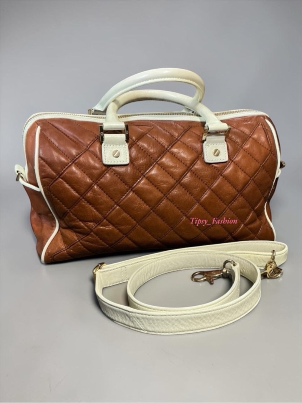 Tory Burch Robinson Middy Quilted Satchel Bowling Bag Brown Cream